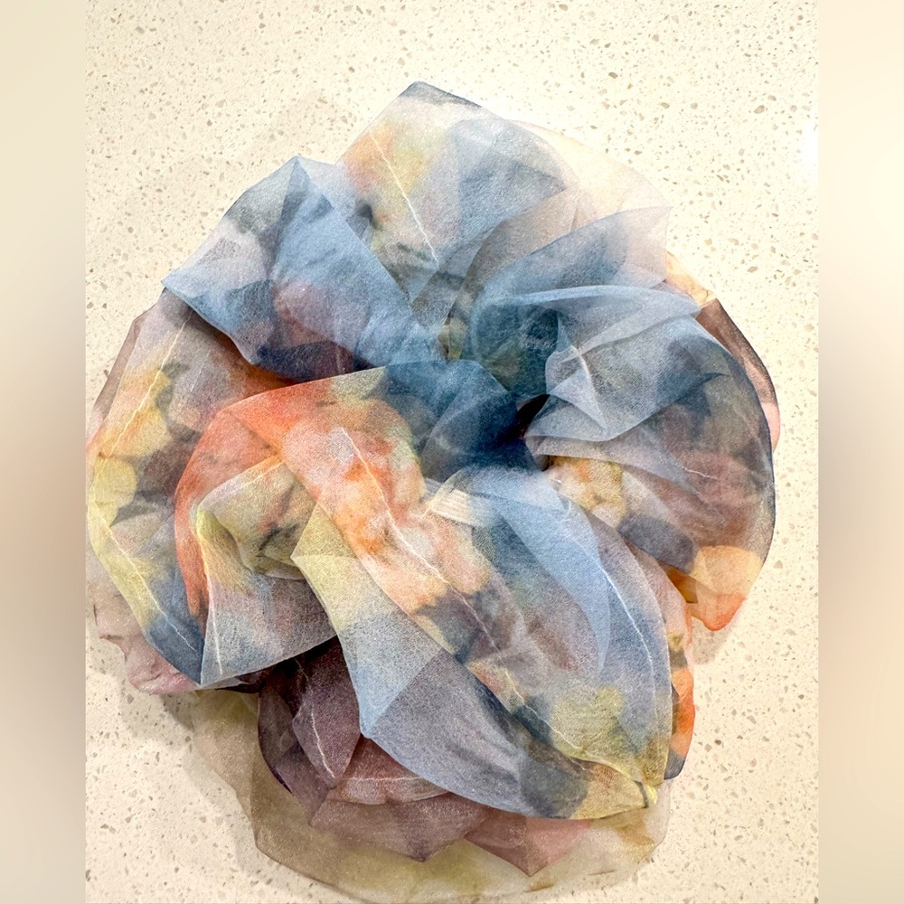 3 New Oversized Sheer Scrunchie Set (Plum, Blue, Brown/Gold) - Effortless Style